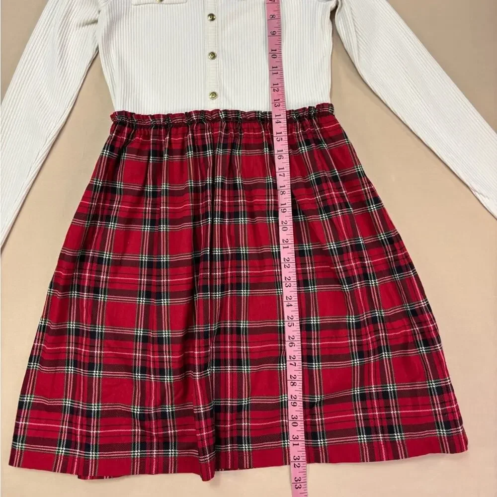 Crewcuts Girls White and Red Plaid Ribbed Long Sleeve Top Dress Size 12